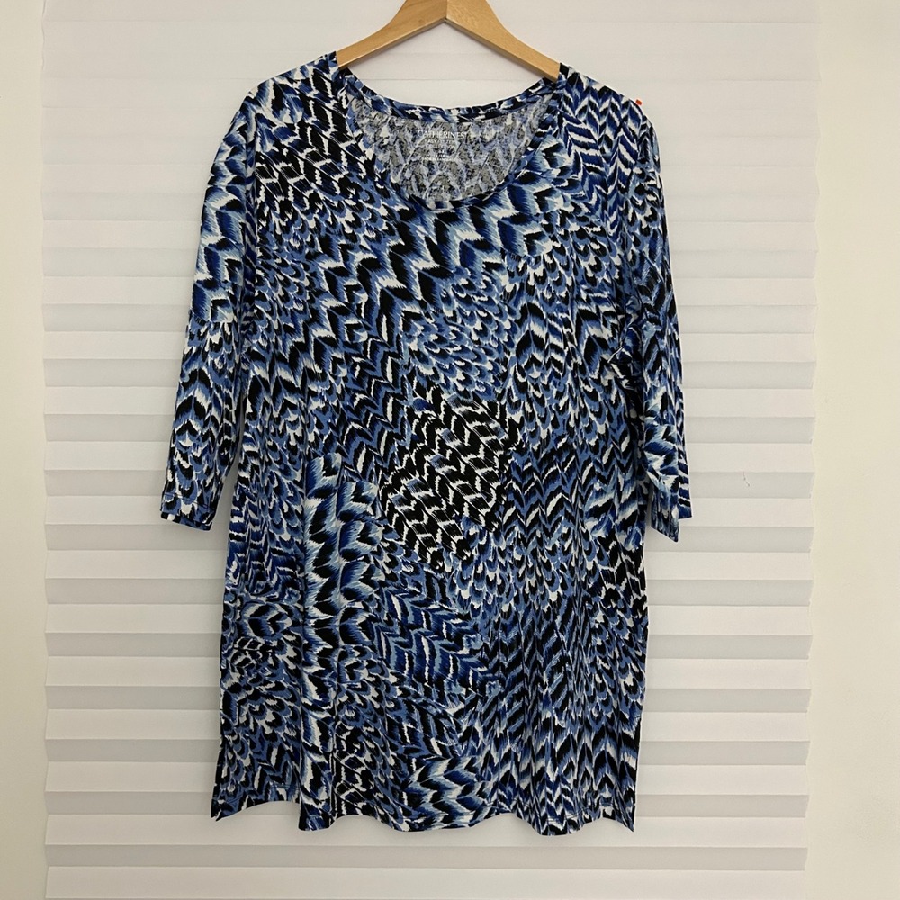 Catherines Easy Fit Blue Black Abstract 3/4 Sleeve‎ Cotton Tunic Top 0X 14/16W